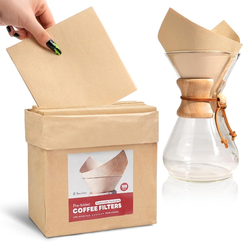 Brew Choice 100ct Pre-folded Unbleached Cone Coffee Filters, Upgraded 30% Thicker Natural Paper for Pure Taste, Compatible with Chemex Pour-Over Coffee Makers - Image 1